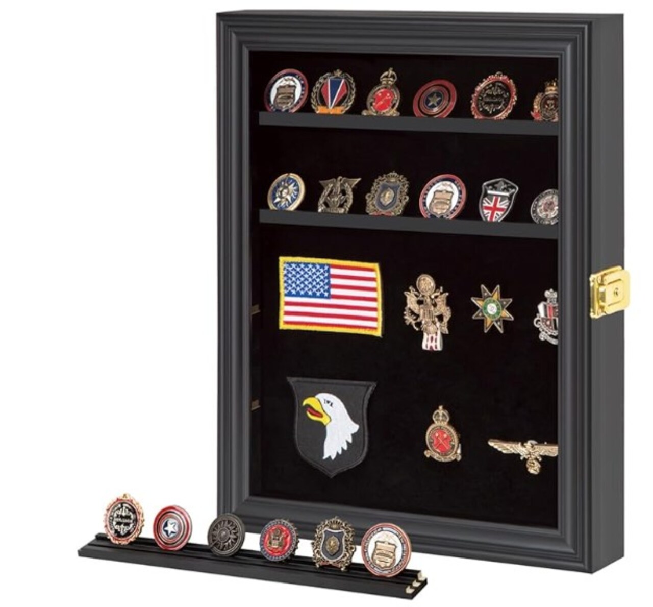 Military Challenge Coin Display Shadow Box - Pin Display Cabinet with Removable Shelves and Badge Pinnable Background Ribbons Buttons Insignia Small Black